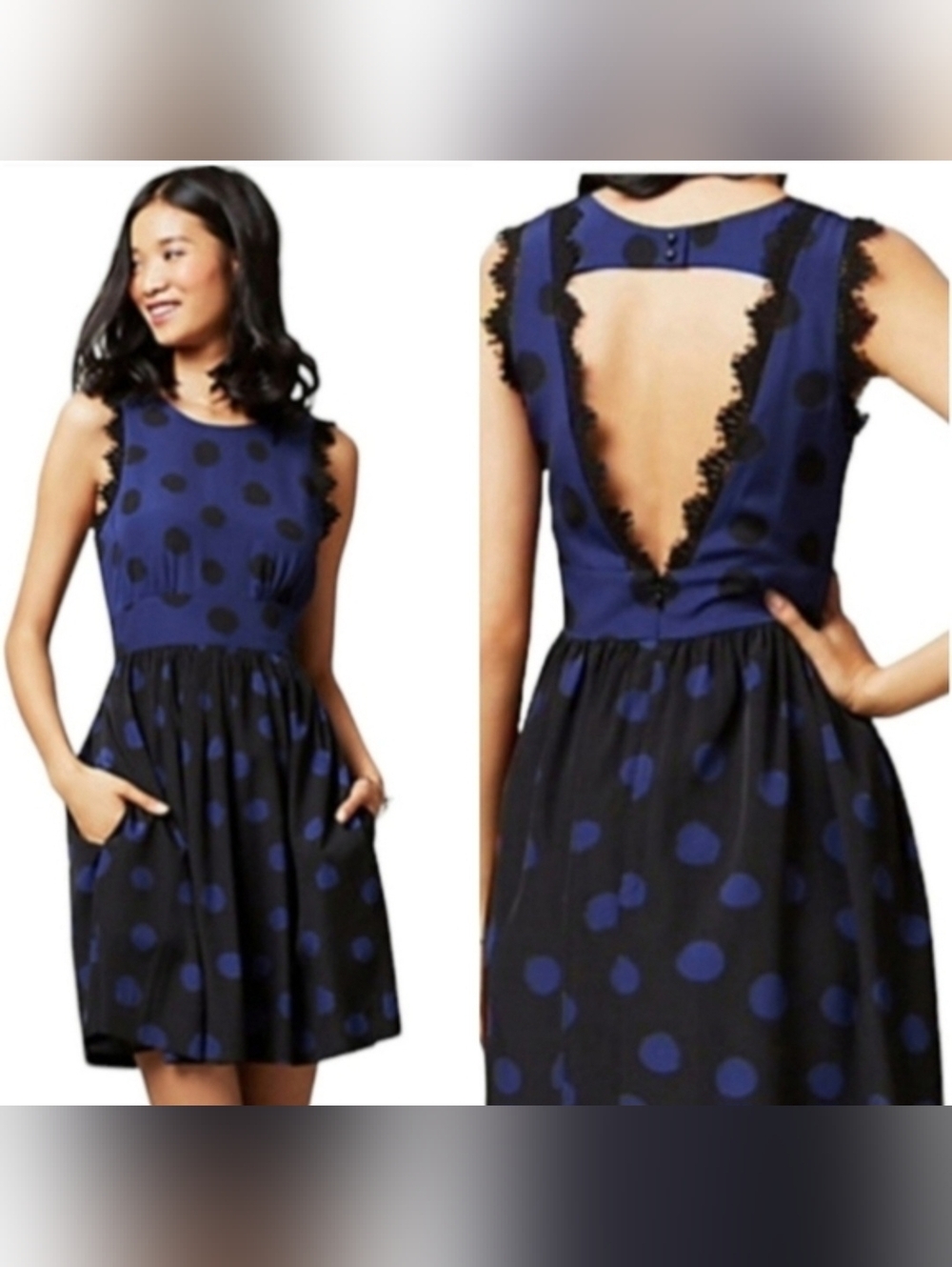 Coreylynn Calter Polkadot Sleeveless Open Back Dress Blue & Black Size 8
